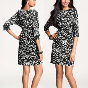 ANN TAYLOR Graphic Sonnet Print Tie Waist Dress Black White Geo Sheath NO BELT M